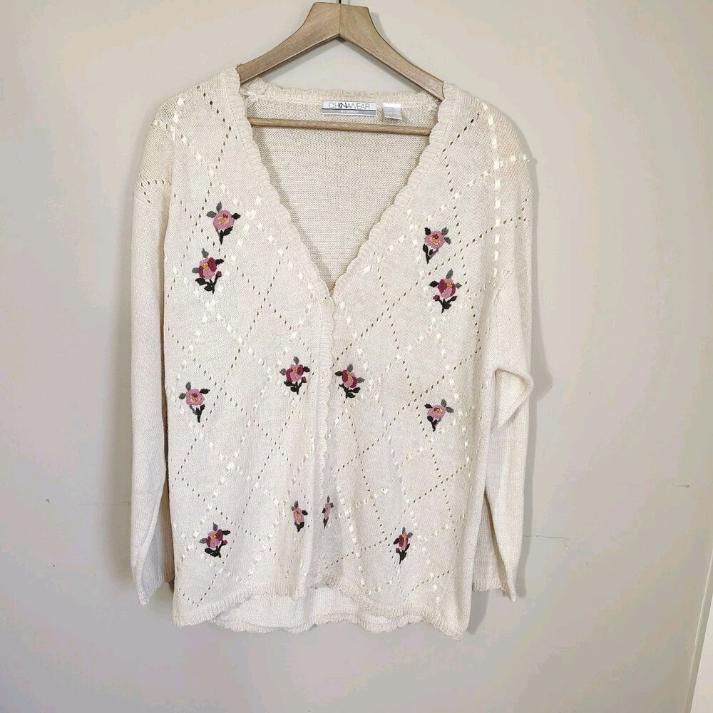 Vintage Womens Romantic Floral Embroidered Cardigan Size L Knit Coquette